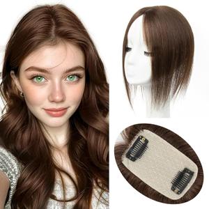 isheeny Premium Human Hair Topper for Women 10Inch Real Human Hair Toppers for Thinning Hair & Volume Dark Brown #2 Natural Hair Pieces for Women With Artificial Base & 2 Secure Clips