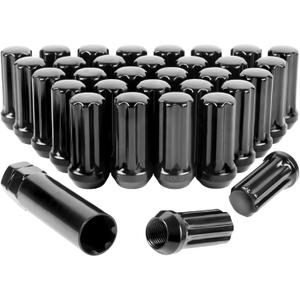 Set of 32, m14x1.5 Lug Nuts XL Spline for Silverado Suburban Express Sierra Ram 2500 3500 F250 F350 8 Lug Aftermarket Wheels Lug Nuts, Conical Bulge Seat, Closed End W/ 1 Socket Key, Black