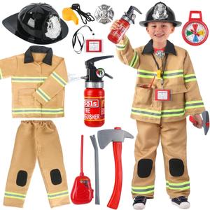 Firefighter Costume for Kids 3-5, Fireman Costume for Boys with Toy Accessories Set, Firefighter Clothes Suit, Toddler Fireman Dress Up Outfit 2-4t, Halloween Role Play for Boys Girls Age 4-7