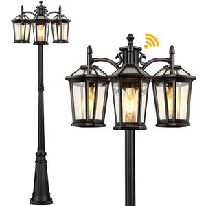 VIANIS Lamp Post Outdoor Lighting Dusk to Dawn, Waterproof 3-Head Outdoor Post Lights with 100% Aluminum, Outside Lamp Post Street Light with Tempered Glass Panels for Backyard Garden Patio Driveway (Black Gold)
