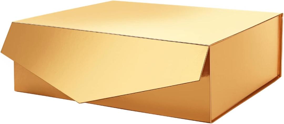 PACKHOME St.Patrick's Day Large Gift Box with Lid 13.5x9x4.1 Inches, Sturdy Collapsible Gift Box with Magnetic Closure for Gift Packaging (Glossy Gold)