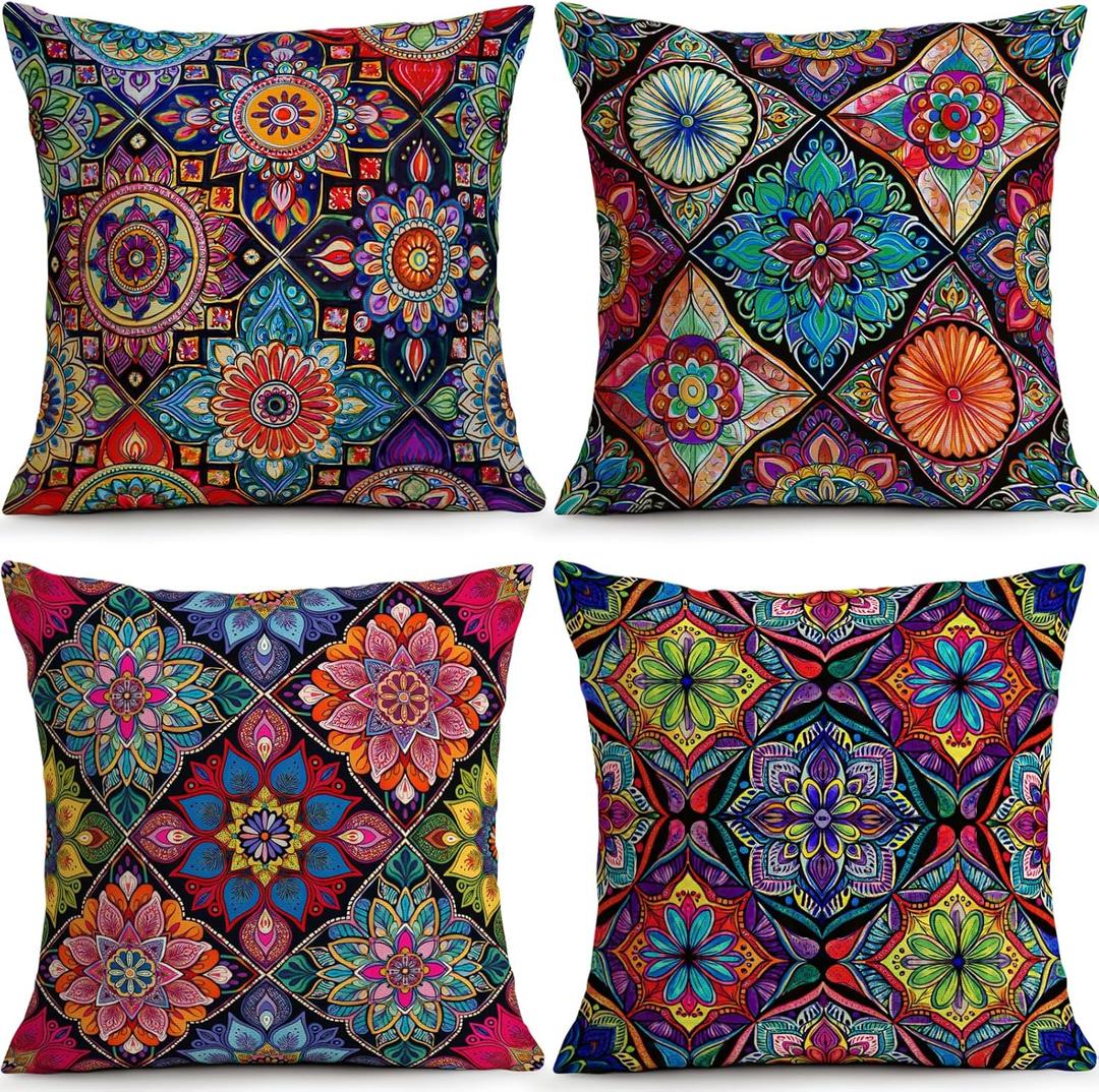 Colourful Bohemian Geometric Throw Pillow Covers, 18X18 inch Set of 4 Square Modern Outdoor Pillow Cases Decorative Cushion Covers, for Home Couch Sofa Car Decor