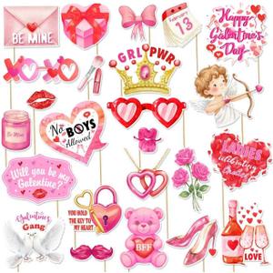 24Pcs Galentine's Day Decorations Photo Booth Props Including Masks, Love, Glasses, Mustache, Snowman for Galentines Valentines Day Party Decortions Supplies Ideas Favors