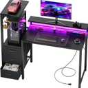 HLDIRECT 44 Inch Gaming Desk with Power Outlets & LED Lights, Black