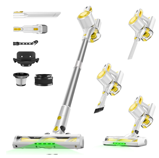 Cordless Vacuum Cleaner for Home, Powerful Stick Vacuum with Rechargeable Battery, Green Light Anti-Tangle Brush, 6-in-1 Lightweight Handheld Vacuum for Pet Hair, Hard Floor, Carpet, Yellow