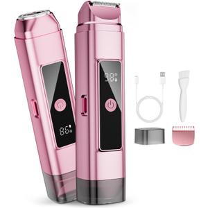 Bikini Trimmer for Women Electric Razors, Electric Razor 2 in 1 Shaver Pubic Hair, LED Display with IPX7 Waterproof - Rechargeable Lady Trimmer for Underarm Body Leg Face - Carmine Pink