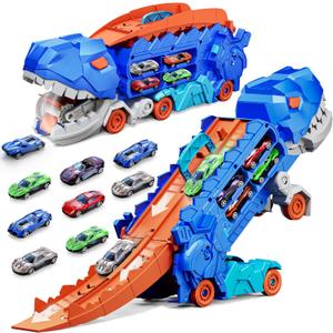 11 in 1 Dinosaur Toys for 3-7, Dinosaur Transport Truck with 8 Metal Cars, City Dinosaur Ultimate Hauler Track Toy, Transforms into Stomping Standing Dinosaur Toddler Toys Gifts for Kids Ages 3+ (Blue)