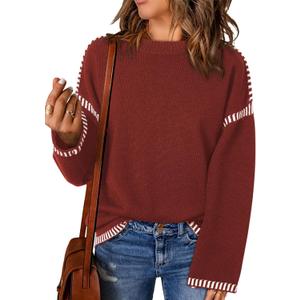 Dokotoo Sweaters for Women Fashion Solid Crewneck Loose Fit Long Sleeve Contrast Cable Knit Pullover Sweater Jumper Tops (XX-Large, Red)