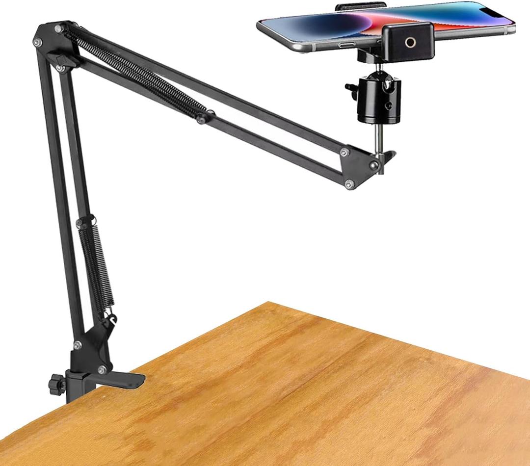 Overhead Tripod Mount for Camera Webcam Ring Light, Over Head Articulating Arm with Phone Holder and Ball Head, Desktop Suspension Scissor Accessory for Live Streaming,Video Recording (New-Black)