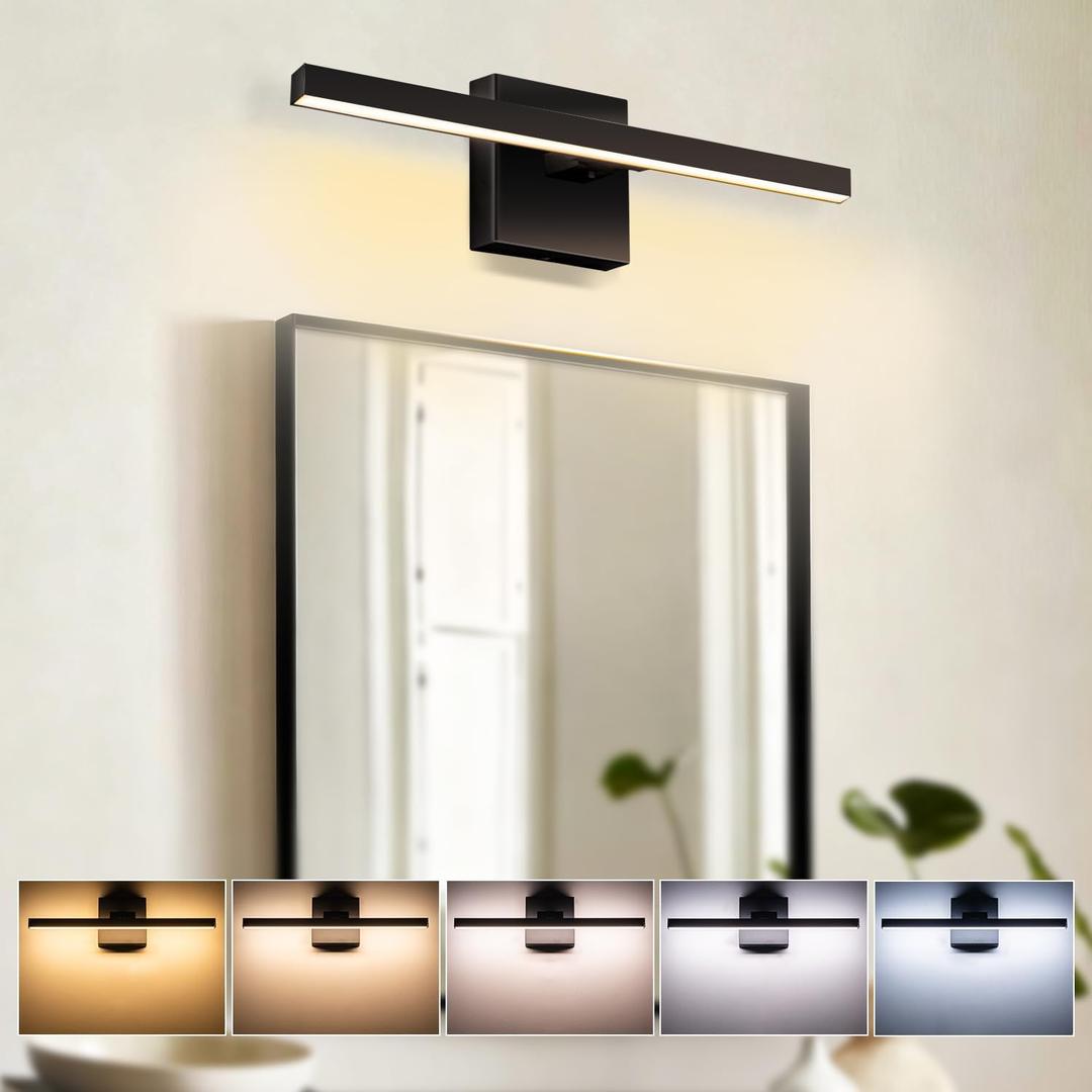 Aosclex 16 Inch Bathroom Lights Over Mirror, Rotatable, 12W 1080LM 5CCT Adjustable (2700K–6000K), Dimmable LED Bathroom Light Fixtures, IP44 Waterproof Black Modern Vanity Lights, ETL Certificated