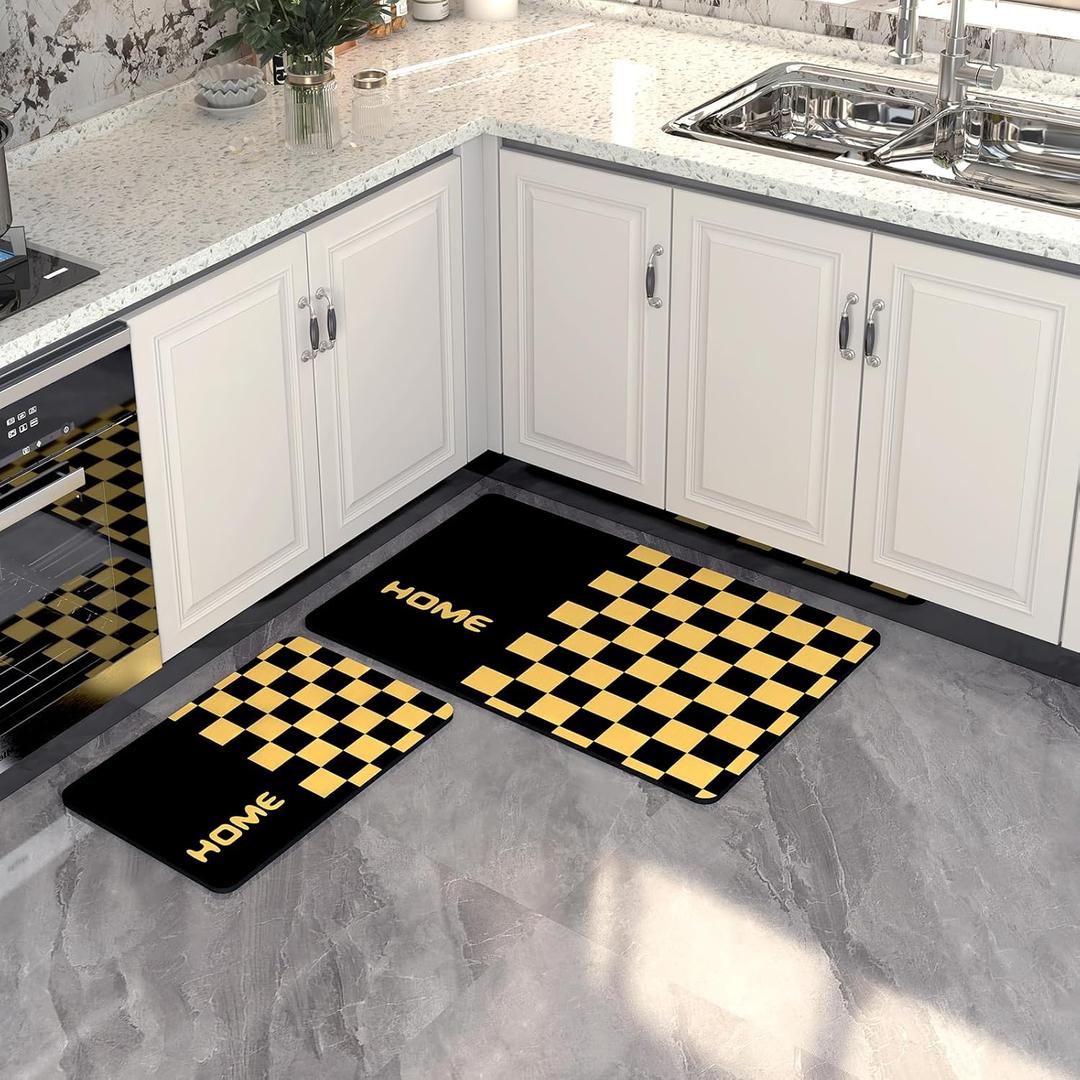 Kitchen Mat Set [2 PCS] Cushioned Anti-Fatigue Kitchen Rugs, Thin Comfort Ergonomic Kitchen Rug for Kitchen, Office, Sink, Floor, Laundry, 24"x16"+24"x36", Black Yellow