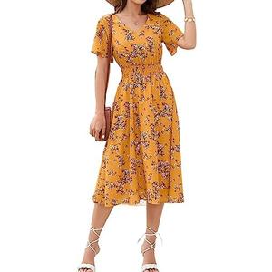 Gardenwed Chiffon Floral Dresses Summer Midi Wedding Guest Dress V Neck for Women Elastic Waist, Size: 2XL