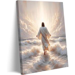 Jesus Walks On Water Canvas Wall Art Jesus walking on water back view Wall Decor Picture Christian Bible Stories Poster Print painting for Living Room Bedroom Church Decoration Ready To Hang
