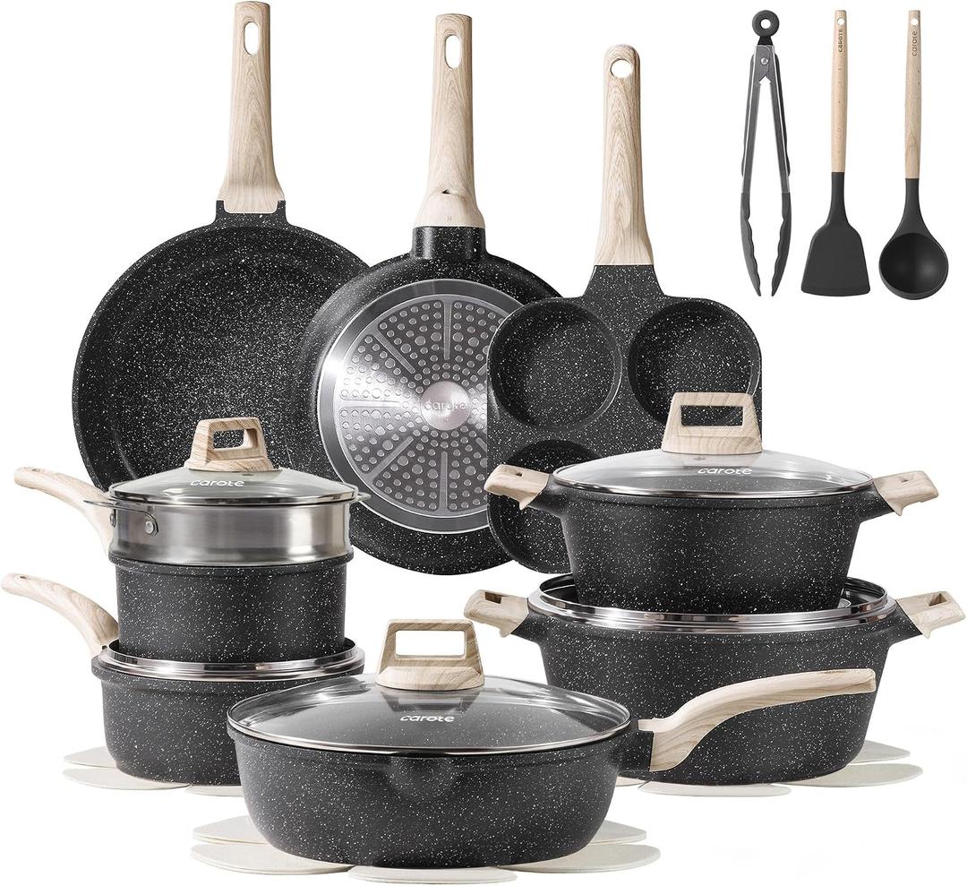 CAROTE 21pcs Pots and Pans Set Nonstick, Cookware Set Black Granite Induction Kitchen Cooking Set w/Frying Pans & Saucepans(PFOS, PFOA Free), 21 Piece