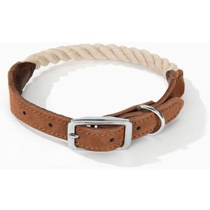 Mile High Life Rope Dog Collar | Durable Braided Cotton Rope Collars | Genuine Leather Dog Collar w Metal Pin Buckle | Classic Puppy Collars for Large Dog (Beige) (Large (Pack of 1))