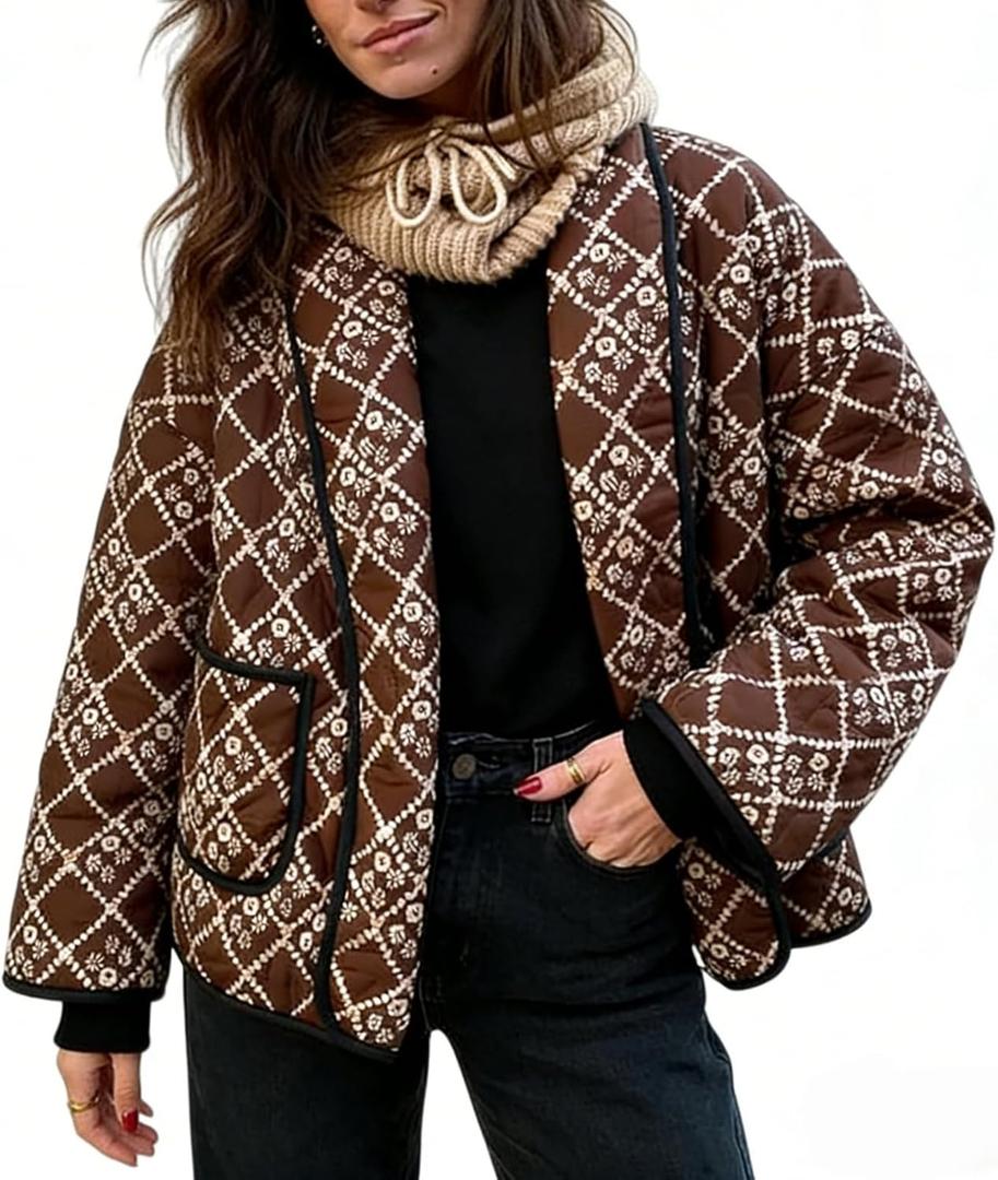 Womens Cropped Quilted Jacket Puffer Lightweight Floral Print Oversized Long Sleeve Packable Down Coat (Medium, Brown)