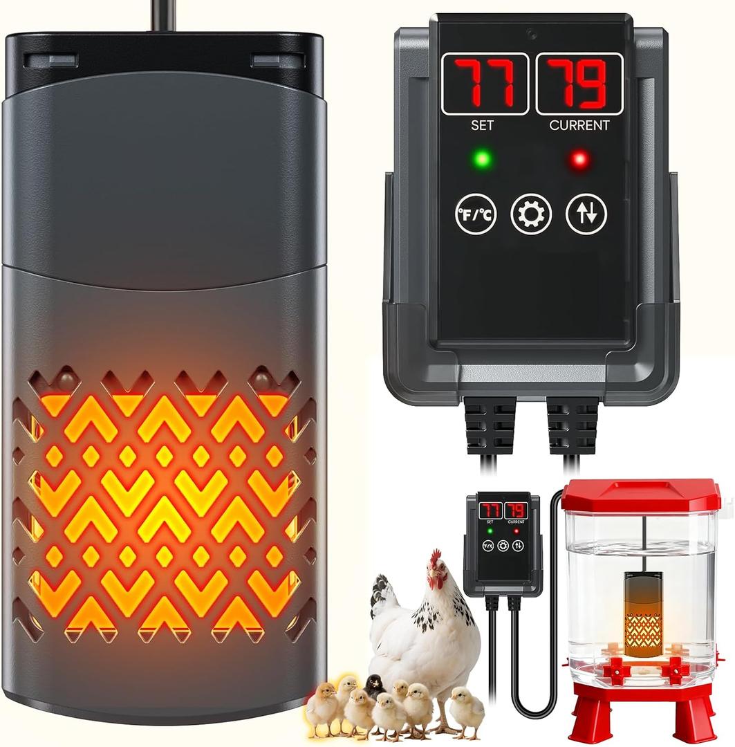 PTC Chicken Water Heater for Winter with Waterproof Thermostat Chicken Waterer Heater with LCD Display, Adjustable Temp, Energy-efficient, Safe Heated Poultry Waterer for Chicken, Pet, Bird Bath
