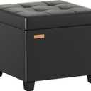 Adeco Storage Ottoman Foot Rest Stool, Leather Ottoman Footstool with Wood Legs and Hinged Lid, 18" Small Foot Stool Bench for Living Room, Bedroom, Black
