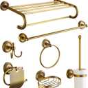 7 Piece Antique Brass Gold Bathroom Accessories Set - TooCust Brushed Brass 24 Double Towel Holder & Towel Bar - Wall Mounted Bathroom Hardware Kit