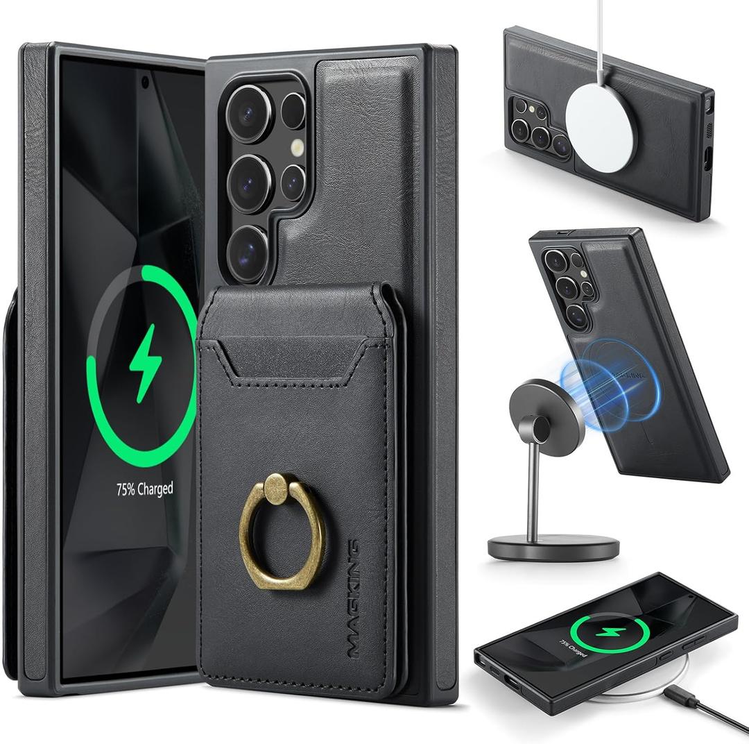 K1 2 in 1 Detachable Magnetic Phone Cases Compatible with Samsung Galaxy S24 Ultra Case with Card Holder Ring, Compatible with Magsafe Wallet, Leather 6.8'' RFID Blocking (S24 Ultra,Black)