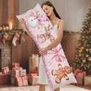 Coquette Pink Snowman Gingerbread Body Pillow Cover 20x54 Inches,It's The Most Wonderful Time of The Year,Preppy Pink and White Bow Xmas Decorative Long Hug Pillow Covers for Couch Bed