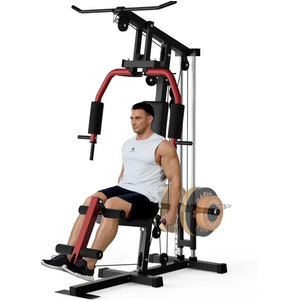 GARVEE Home Gym Machine, Multifunctional Full Body Workout Equipment with Pulley System,Leg Press Support for Strength Training, Workout Station Suit for 1“&2” Holes of Weight Plates (Not Includ), Red&Black