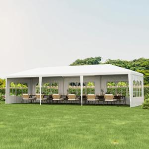 Tangkula Heavy Duty Party Tent - 10x30 Ft White Event Tent with 6 Sidewalls & 2 Zippered Doors, Ideal for Outdoor Weddings, Parties & Backyard Events