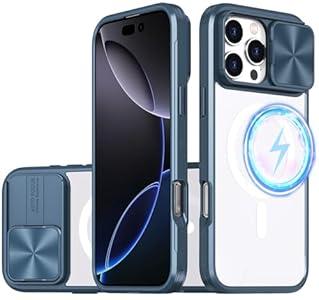 Magnetic Case for iPhone 17 with Slide Camera Cover, MagSafe Compatible, Clear Back Panel Never Yellowing, Strong Magnets, Aesthetic Shockproof Soft Silicone Edge Wireless Charging Phone Case Cover, Blue