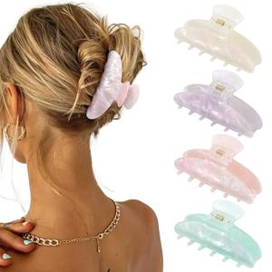 4Pcs Large Hair Claw Clips - Acrylic Big Hair Clips for Thick Hair Strong Hold Hair Jaw Clips Non-slip Banana Hair Barrettes Clips for Women Girls, Sparkle(White/Purple/Pink/Green)