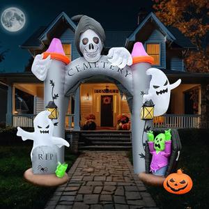 12FT Halloween Inflatable Giant Cemetery Archway with Grim Reaper, Pumpkin and Ghost Spooky Scary Party Blow Up Arch Outdoor Decoration with LED for Graveyard, Garden, Outside Lawn