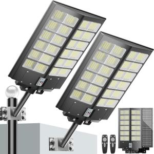 Solar Street Lights Outdoor Waterproof 9000W - LED Solar Powered Street Light Dusk to Dawn with Mention Sensor, Heavy Duty Large Outdoor Solar Lights for Parking Lot/Garden/Yard/Pathway Lighting (2 Pack, Black)