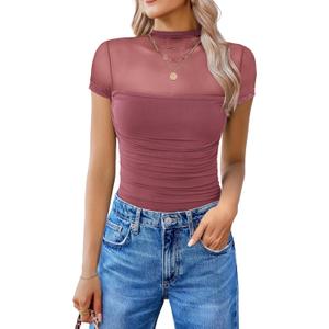 Avidlove Women's Short Sleeve Bodysuit Turtle Neck Body Suits Mesh One Piece Leotard Going Out Tops Date Outfits (Large, Purple Red)