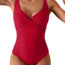 B2prity Women's Underwire One Piece Swimsuit Tummy Control Ruched Bathing Suit Criss Cross V Neck Swimwear (Red)