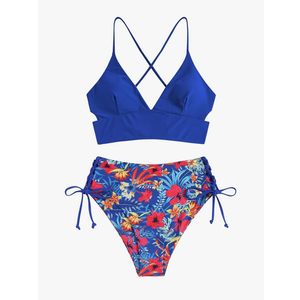 ZAFUL Women Tankini Set, Ribbed High Cut Surplice Swimsuit Bathing Suit with Spaghetti Straps, 4-d Blue, S