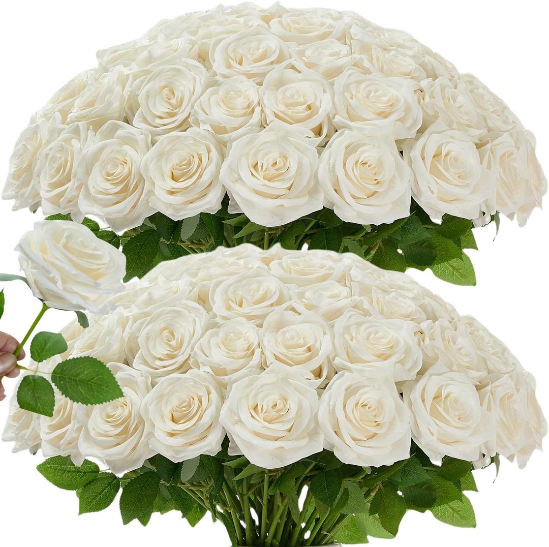 120 Pcs White Rose Artificial Flowers Bulk, Ivory Silk Fake Roses with Long Stem for Wedding Decoration, Bridal Bouquets, DIY Flower Wall, Party Table Centerpieces, Home Decor