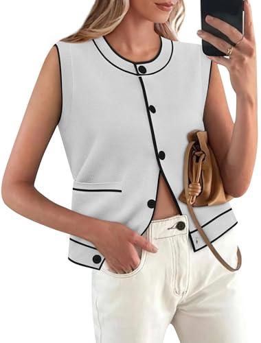 Yousify Sweater Vest Women Casual White Tops Button Down Cardigan Fitted Sleeveless Shirts Summer Tops 2025 with Pockets, Size Large