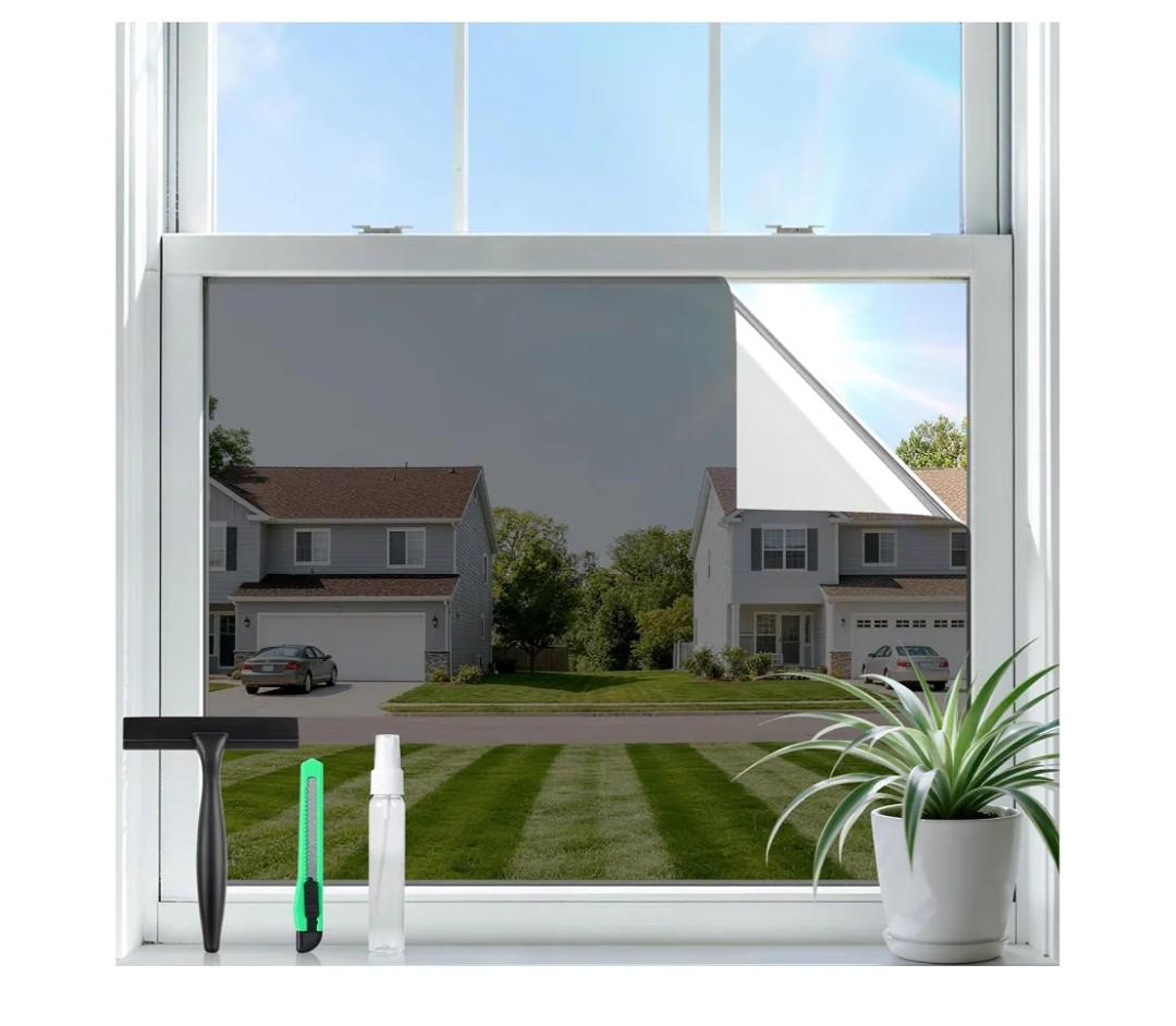 rabbitgoo Window Tint for Home with Tools, Black Silver, 29.5" x 78.7"One Way Privacy Window Film UV Blocking Heat Control Static Cling No Glue Daytime Privacy See Out Not in