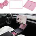 3PCS Center Console Accessories for Tesla New Model Y Juniper 2025 Model 3 Highland 2024 Cup Holder Insert, Screen Edge Protector Frame, Wireless Charger Mat Silicone, Pink