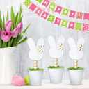 Yousoontic 3 Pcs Neutral Wooden Bunny Standing Table Decor Rustic Bunny Table Centerpiece Signs Rustic Rabbits Mini Potted Signs with Flowers Neutral Farmhouse Rabbits Gifts Easter Tabletop Decor