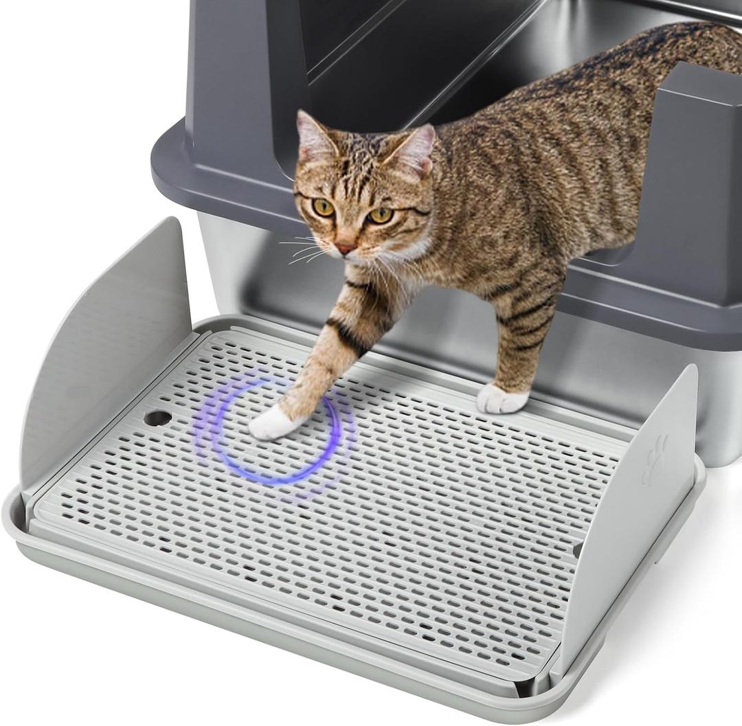 Bartuke Cat Litter Box Step with Removable Splash-Proof Baffles, Large Pet Ramp for Litter Box with Filter Function Double Layer Cat Pedal Footrest Splash-Proof Easy to Clean (Light Grey)