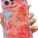 XIZYO Case for iPhone 16 Pro Max, Colorful Retro Oil Painting Flower Cute Floral Aesthetic Curly Wave Frame Laser Glossy Reflective Exquisite Stylish Protective Cover Women Girls-Pink Flower/Pink