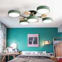 LED Dimmable Modern Ceiling Light Fixture, 30 Inch 5-Light Wooden Flush Mount Chandelier for Living Room, Bedroom, Kitchen - 3000K/4000K/6000K Green Ceiling Lamp
