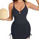 Womens Swimsuits Tummy Control Bathing Suit Ruched One Piece U-Ring Modest Full Coverage Swimwear with Coverup, XXL