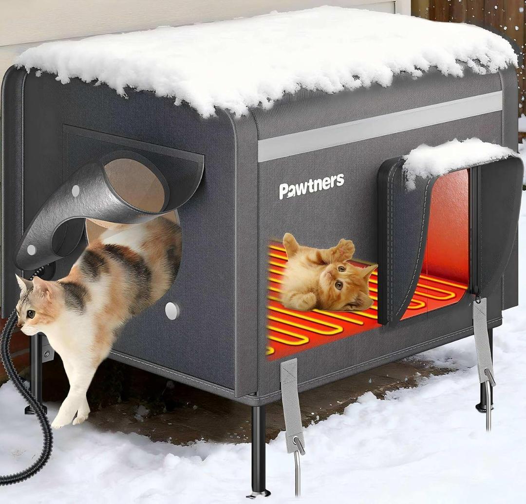 Pawtners Heated Cat House for Outside, Outdoor Insulated Kitty Shelter with Heated Pad and Escape Door, Warm Cat House Covered with Waterproof 900D Oxford Cloth for Feral Stray Cats in Winter