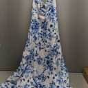 GORGLITTER Women's Floral Backless Maxi Dresses Ruffle Sleeveless Summer Cocktail Graduation Wedding Guest Sun Dresses (Blue and White) XL
