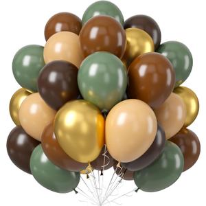 60 PCS Sage Green, Gold, Brown Latex Balloons - Woodland Camo Army Olive Green, Dark Brown, Coffee Nude Gold Party Balloons for Jungle Safari Woodland Hunting Birthday Decorations