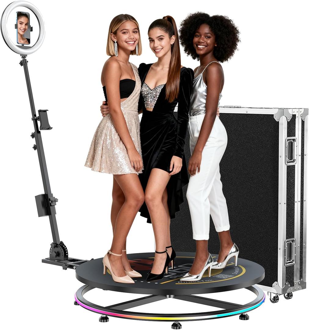 MWE 360 Photo Booth Machine for Parties with Flight Case,RGB Strip Light,Software APP Remote Automatic 360 Spin Camera Video Booth for 2-4 People (26.8''+Flight Case)