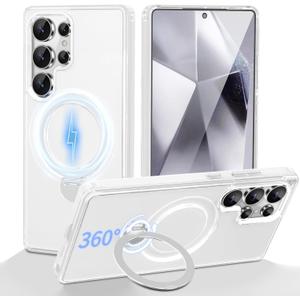 3-in-1 [360 Spin Stand+Magnetic+Ring Holder] Case for Samsung Galaxy S24 Ultra Fit for MagSafe, Military Grade Protective, Translucent Matte Cover S24 Ultra Phone Cases for Women/Men 6.8Transparent