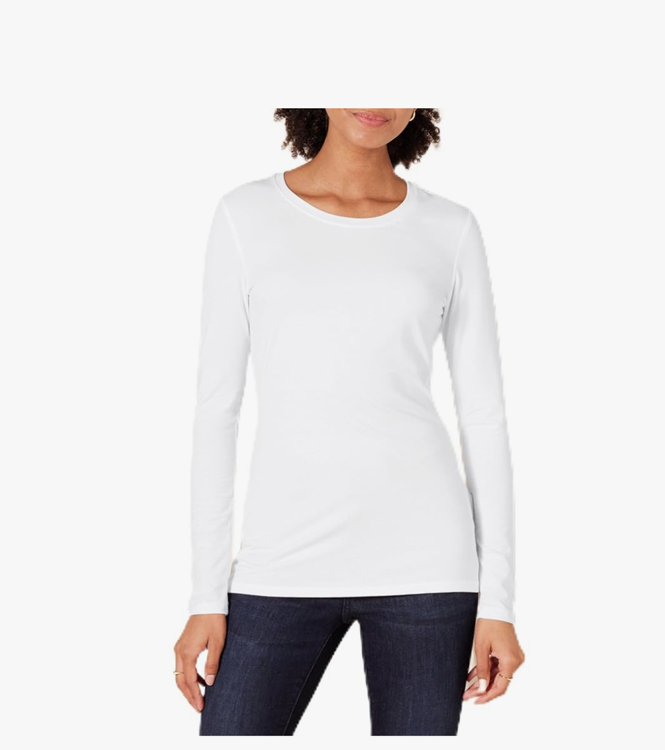 Amazon Essentials Women's Regular-Fit Long-Sleeve Crewneck T-Shirt, Whit, Large