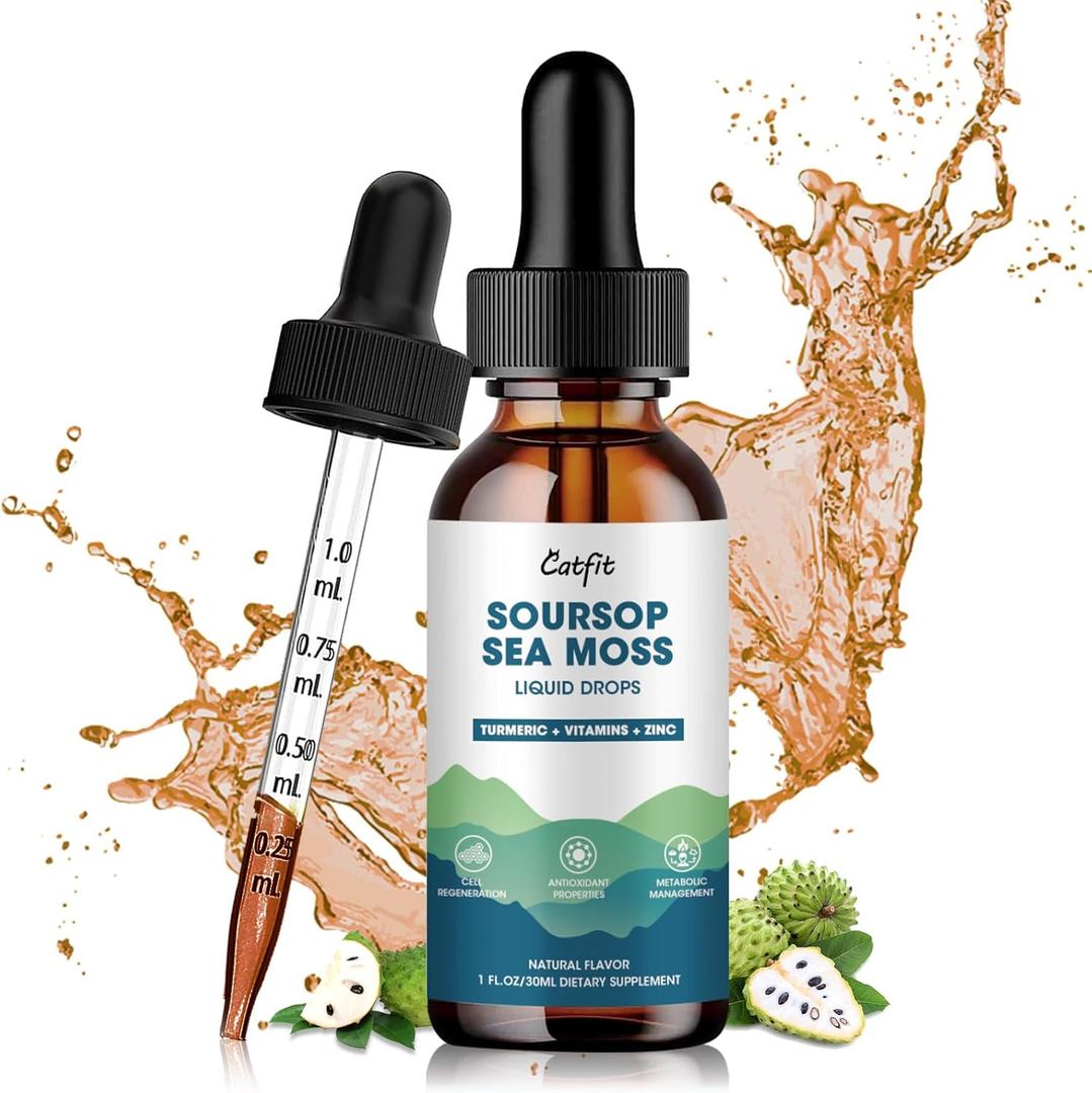 2 x Catfit Soursop Liquid Drop  Soursop Drops for Cell Support, Antioxidant, Relaxation & Immune Boost with Sea Moss, Turmeric, Black Pepper, B6 C, Zinc, Sugar Free, Gluten Free, Vegan, 1 Fl Oz